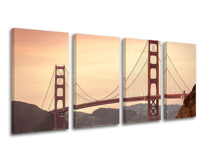 Εικόνα σε καμβά με θέμα γέφυρα golden gate ηλιοβασίλεμα – τρισδιάστατη απεικόνιση του καμβά με εμφανές ξύλινο τελάρο, Papilora.