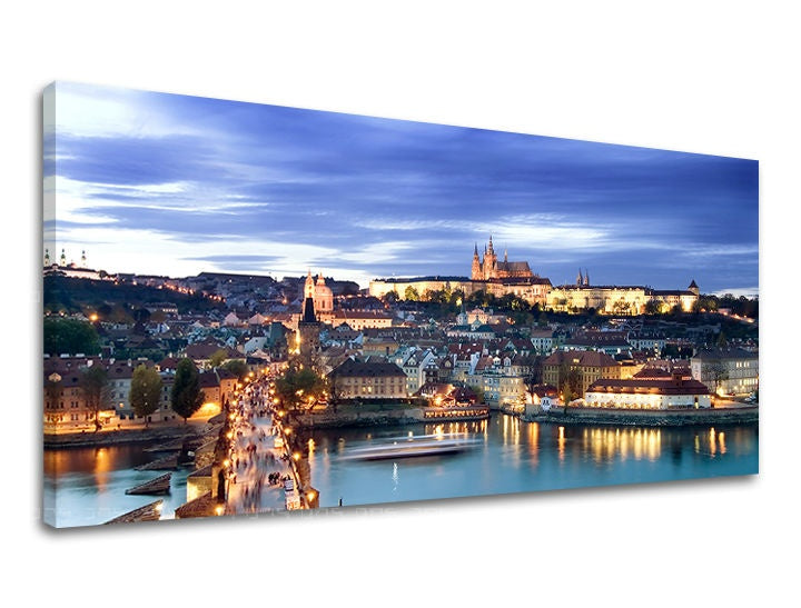 Εικόνα σε καμβά με θέμα πράγα νύχτα με γέφυρα και κάστρο – τρισδιάστατη απεικόνιση του καμβά με εμφανές ξύλινο τελάρο, Papilora.