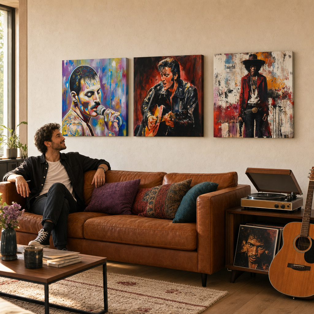 Premium σετ 3 πινάκων Rock Legends της Papilora πάνω από καναπέ σε μοντέρνο σαλόνι – Freddie Mercury, Elvis Presley, Jimi Hendrix.
