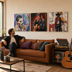 Premium σετ 3 πινάκων Rock Legends της Papilora πάνω από καναπέ σε μοντέρνο σαλόνι – Freddie Mercury, Elvis Presley, Jimi Hendrix.