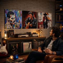 Το τρίπτυχο Rock Legends σε μουσικό δωμάτιο πάνω από συρταριέρα – πορτρέτα Freddie, Elvis, Hendrix.