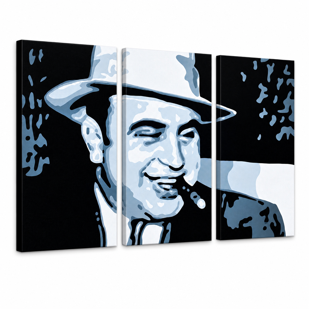 Χειροποίητη ζωγραφική POP ART AL CAPONE | διαφορετικά μεγέθη – Τρισδιάστατη απεικόνιση του χειροποίητα ζωγραφισμένου καμβά σε λευκό φόντο. Κυρίαρχα χρώματα: μαύρο, μπλε, λευκό.