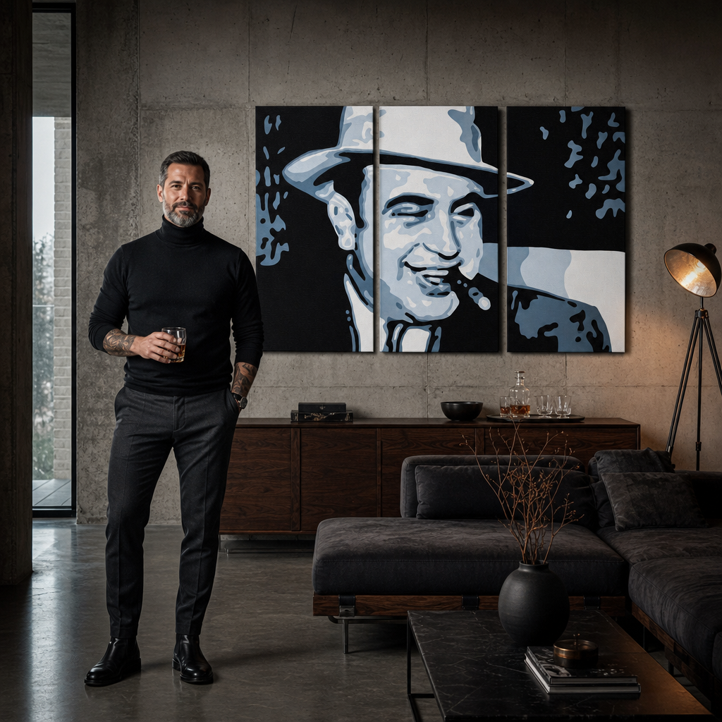 Χειροποίητη ζωγραφική POP ART AL CAPONE | διαφορετικά μεγέθη – πίνακας σε μοντέρνο αντρικό εσωτερικό, lifestyle απεικόνιση. Κυρίαρχα χρώματα: μαύρο, μπλε, λευκό.