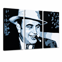 Χειροποίητη ζωγραφική POP ART AL CAPONE | διαφορετικά μεγέθη – Τρισδιάστατη απεικόνιση του χειροποίητα ζωγραφισμένου καμβά σε λευκό φόντο. Κυρίαρχα χρώματα: μαύρο, μπλε, λευκό.