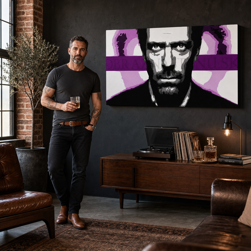 Χειροποίητη ζωγραφική POP Art Art ζωγραφική Dr. HOUSE 1 τεμάχιο 1010 dh – πίνακας σε μοντέρνο αντρικό εσωτερικό, lifestyle απεικόνιση. Κυρίαρχα χρώματα: μαύρο, λευκό, μωβ, ροζ, γκρι.