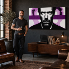Χειροποίητη ζωγραφική POP Art Art ζωγραφική Dr. HOUSE 1 τεμάχιο 1010 dh – πίνακας σε μοντέρνο αντρικό εσωτερικό, lifestyle απεικόνιση. Κυρίαρχα χρώματα: μαύρο, λευκό, μωβ, ροζ, γκρι.