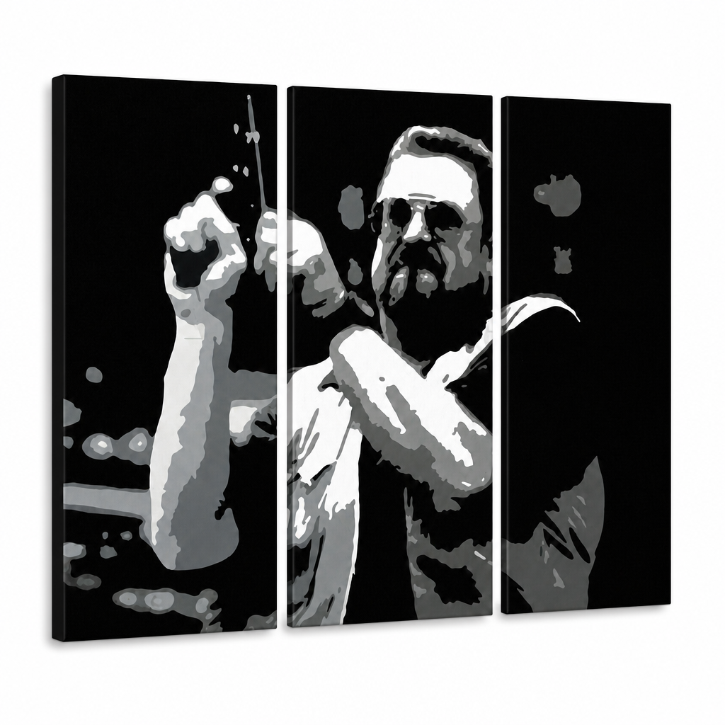 Χειροποίητη ζωγραφική POP Art Big Lebowski 3 μέρη bl – Τρισδιάστατη απεικόνιση του χειροποίητα ζωγραφισμένου καμβά σε λευκό φόντο. Κυρίαρχα χρώματα: μαύρο, λευκό, γκρι.