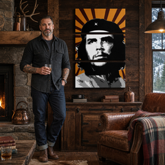 Χειροποίητη ζωγραφική POP Art Che Guevara 3 piece che – πίνακας σε μοντέρνο αντρικό εσωτερικό, lifestyle απεικόνιση. Κυρίαρχα χρώματα: κίτρινο, μαύρο, λευκό, γκρι, πορτοκαλί.