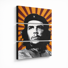 Χειροποίητη ζωγραφική POP Art Che Guevara 3 piece che – Τρισδιάστατη απεικόνιση του χειροποίητα ζωγραφισμένου καμβά σε λευκό φόντο. Κυρίαρχα χρώματα: κίτρινο, μαύρο, λευκό, γκρι, πορτοκαλί.