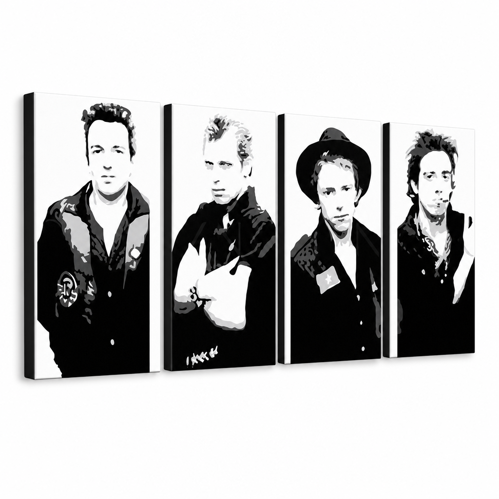 Χειροποίητη ζωγραφική POP Art Clash 4 τεμαχίων από πηλό – Τρισδιάστατη απεικόνιση του χειροποίητα ζωγραφισμένου καμβά σε λευκό φόντο. Κυρίαρχα χρώματα: μαύρο, λευκό, γκρι.