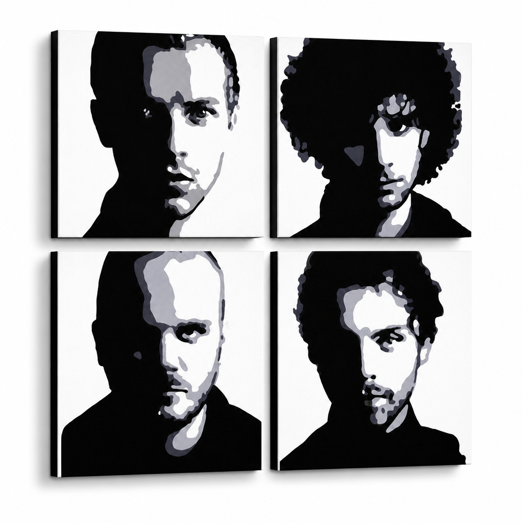 Χειροποίητη ζωγραφική POP Art Coldplay 4 τεμάχια cp – Τρισδιάστατη απεικόνιση του χειροποίητα ζωγραφισμένου καμβά σε λευκό φόντο. Κυρίαρχα χρώματα: μαύρο, λευκό, γκρι.