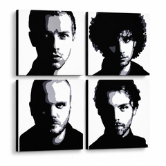 Χειροποίητη ζωγραφική POP Art Coldplay 4 τεμάχια cp – Τρισδιάστατη απεικόνιση του χειροποίητα ζωγραφισμένου καμβά σε λευκό φόντο. Κυρίαρχα χρώματα: μαύρο, λευκό, γκρι.