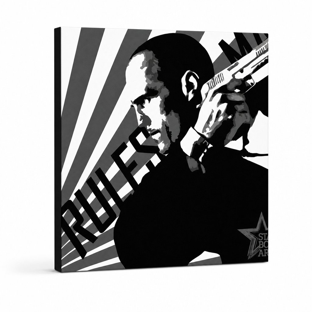 Χειροποίητη ζωγραφική POP Art Courier 1 part kur – Τρισδιάστατη απεικόνιση του χειροποίητα ζωγραφισμένου καμβά σε λευκό φόντο. Κυρίαρχα χρώματα: μαύρο, λευκό, γκρι.