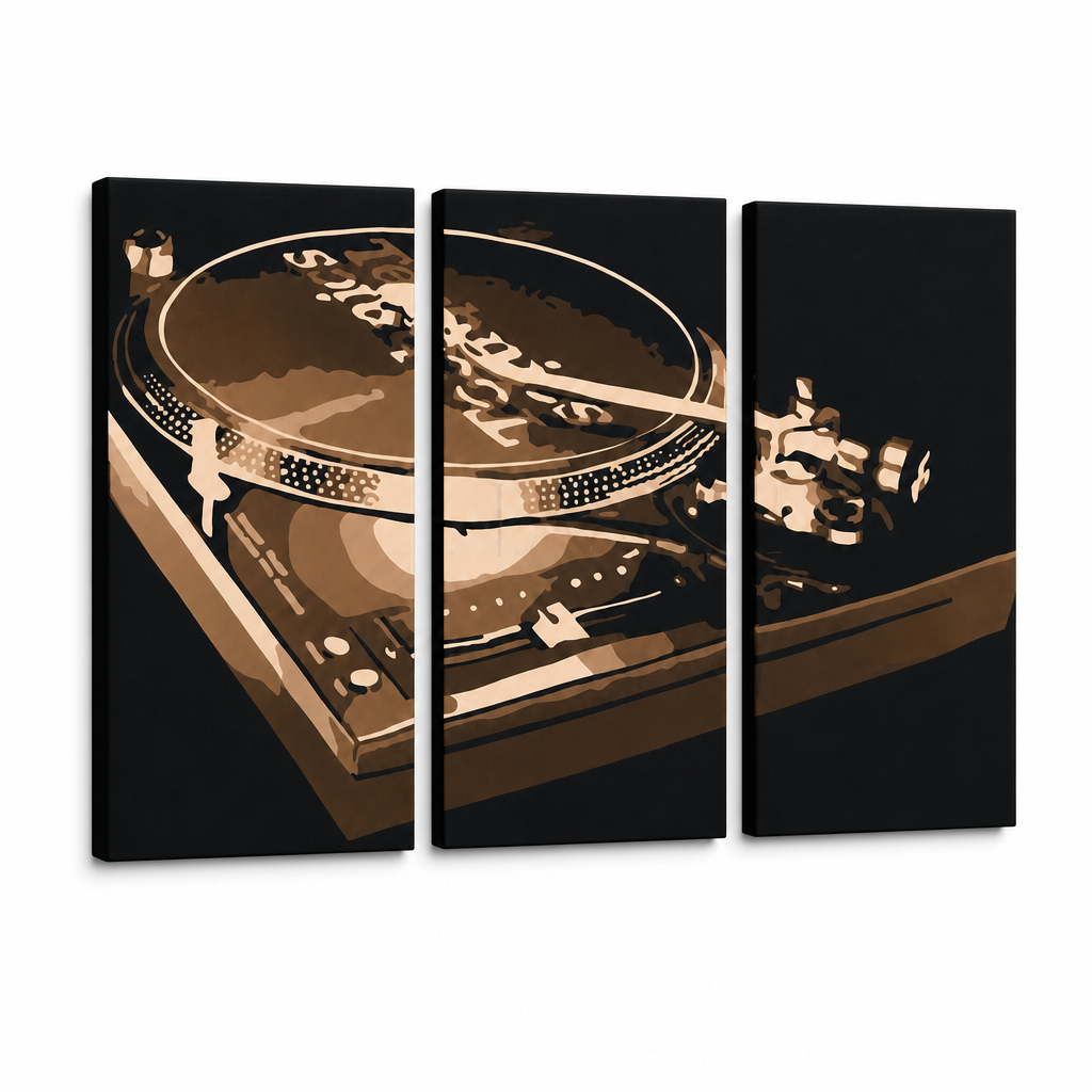 Χειροποίητη ζωγραφική POP Art DJ 3 τεμαχίων dj2 – Τρισδιάστατη απεικόνιση του χειροποίητα ζωγραφισμένου καμβά σε λευκό φόντο. Κυρίαρχα χρώματα: μαύρο, καφέ, μπεζ.