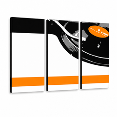 Χειροποίητη ζωγραφική POP Art DJ 3 τεμαχίων dj5 – Τρισδιάστατη απεικόνιση του χειροποίητα ζωγραφισμένου καμβά σε λευκό φόντο. Κυρίαρχα χρώματα: μαύρο, πορτοκαλί, λευκό.