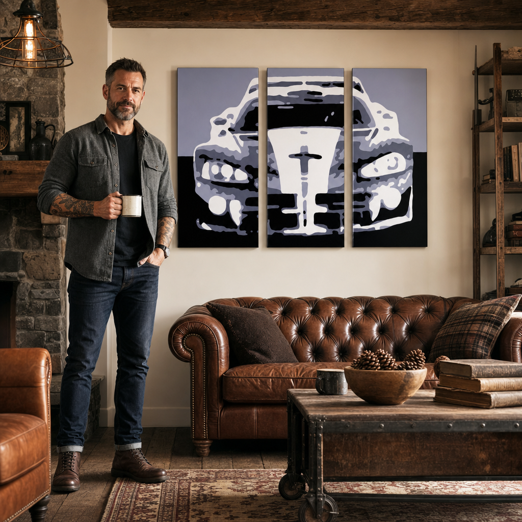 Χειροποίητη ζωγραφική POP Art Dodge Viper GTS 3 κομμάτι vip – πίνακας σε μοντέρνο αντρικό εσωτερικό, lifestyle απεικόνιση. Κυρίαρχα χρώματα: μαύρο, γκρι, λευκό.