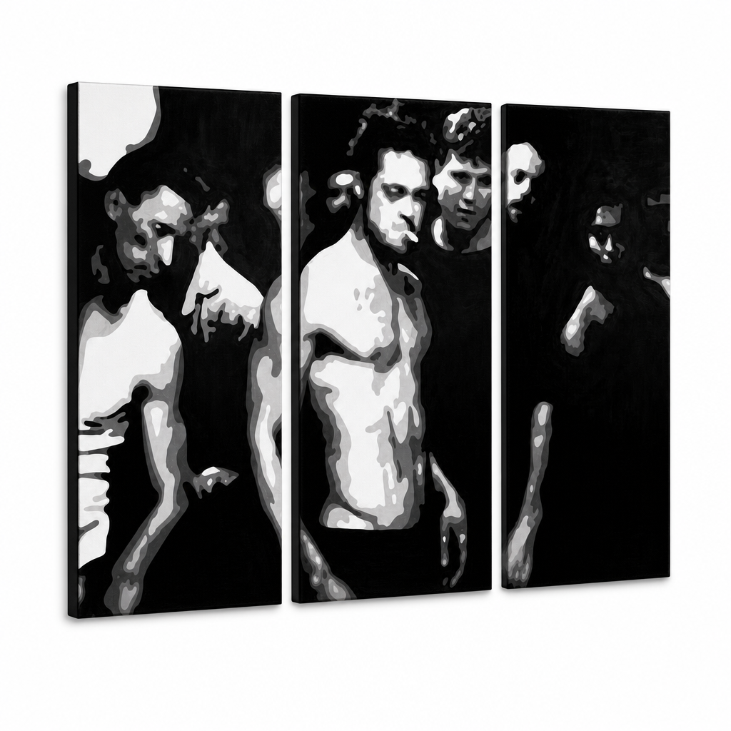 Χειροποίητη ζωγραφική POP Art Fight Club 3 τεμάχια fc – Τρισδιάστατη απεικόνιση του χειροποίητα ζωγραφισμένου καμβά σε λευκό φόντο. Κυρίαρχα χρώματα: μαύρο, λευκό, γκρι.