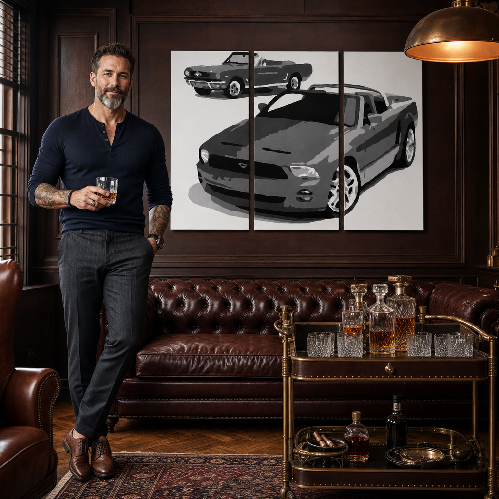 Χειροποίητη ζωγραφική POP Art FORD MUSTANG 3 τεμάχια fm2 – πίνακας σε μοντέρνο αντρικό εσωτερικό, lifestyle απεικόνιση. Κυρίαρχα χρώματα: μαύρο, λευκό, γκρι.