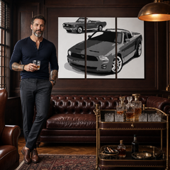 Χειροποίητη ζωγραφική POP Art FORD MUSTANG 3 τεμάχια fm2 – πίνακας σε μοντέρνο αντρικό εσωτερικό, lifestyle απεικόνιση. Κυρίαρχα χρώματα: μαύρο, λευκό, γκρι.