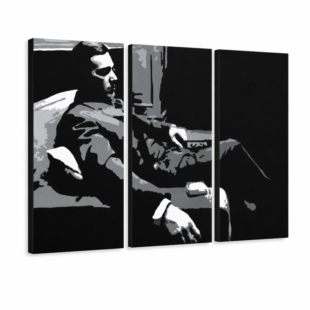 Χειροποίητη ζωγραφική POP Art GODFATHER 3 κομμάτι god7 – Τρισδιάστατη απεικόνιση του χειροποίητα ζωγραφισμένου καμβά σε λευκό φόντο. Κυρίαρχα χρώματα: μαύρο, γκρι, λευκό.
