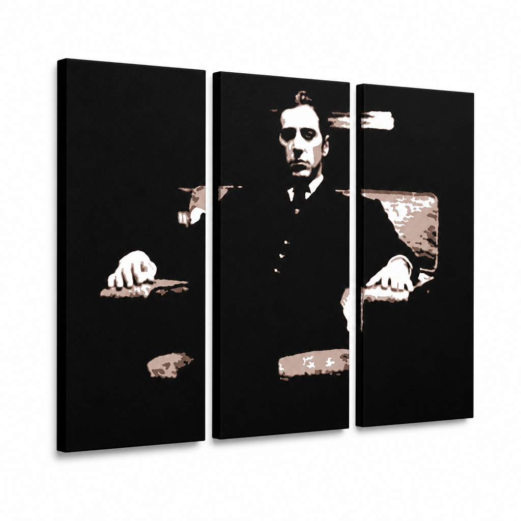 Χειροποίητη ζωγραφική POP Art Godfather 3 piece god10 – Τρισδιάστατη απεικόνιση του χειροποίητα ζωγραφισμένου καμβά σε λευκό φόντο. Κυρίαρχα χρώματα: μαύρο, καφέ, μπεζ.