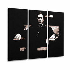 Χειροποίητη ζωγραφική POP Art Godfather 3 piece god10 – Τρισδιάστατη απεικόνιση του χειροποίητα ζωγραφισμένου καμβά σε λευκό φόντο. Κυρίαρχα χρώματα: μαύρο, καφέ, μπεζ.