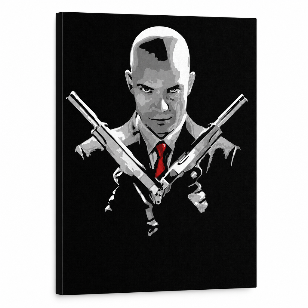 Χειροποίητη ζωγραφική POP Art HITMAN hit – Τρισδιάστατη απεικόνιση του χειροποίητα ζωγραφισμένου καμβά σε λευκό φόντο. Κυρίαρχα χρώματα: μαύρο, κόκκινο, γκρι.