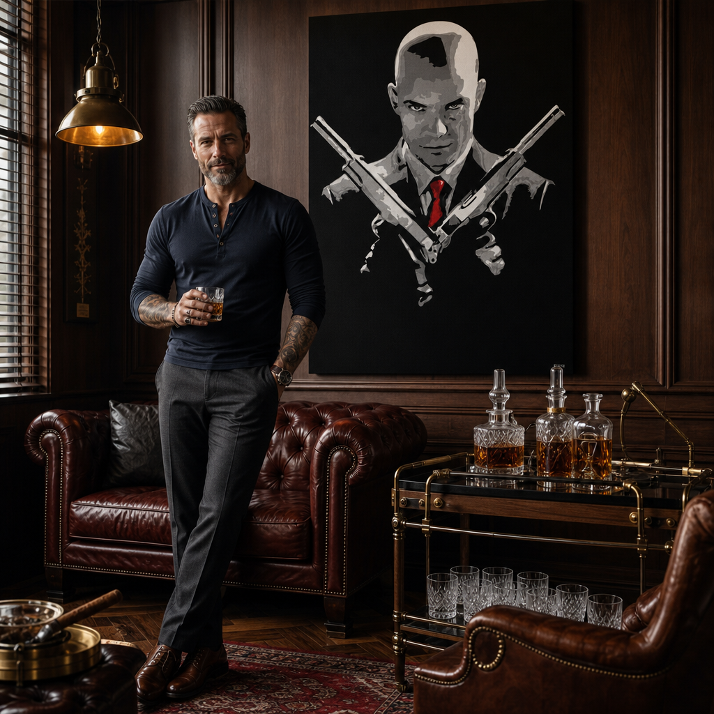 Χειροποίητη ζωγραφική POP Art HITMAN hit – πίνακας σε μοντέρνο αντρικό εσωτερικό, lifestyle απεικόνιση. Κυρίαρχα χρώματα: μαύρο, κόκκινο, γκρι.