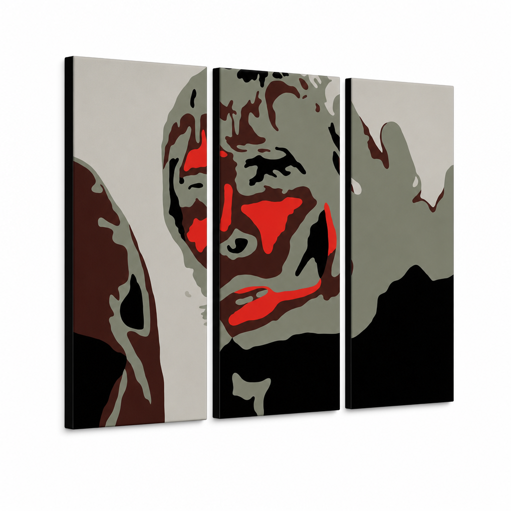Χειροποίητη ζωγραφική POP Art Ian Brown 3 κομμάτι ibb – Τρισδιάστατη απεικόνιση του χειροποίητα ζωγραφισμένου καμβά σε λευκό φόντο. Κυρίαρχα χρώματα: μαύρο, κόκκινο, γκρι, καφέ, λευκό.