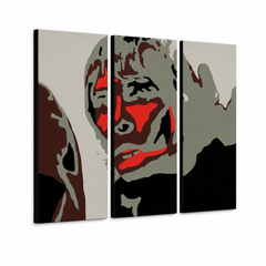 Χειροποίητη ζωγραφική POP Art Ian Brown 3 κομμάτι ibb – Τρισδιάστατη απεικόνιση του χειροποίητα ζωγραφισμένου καμβά σε λευκό φόντο. Κυρίαρχα χρώματα: μαύρο, κόκκινο, γκρι, καφέ, λευκό.