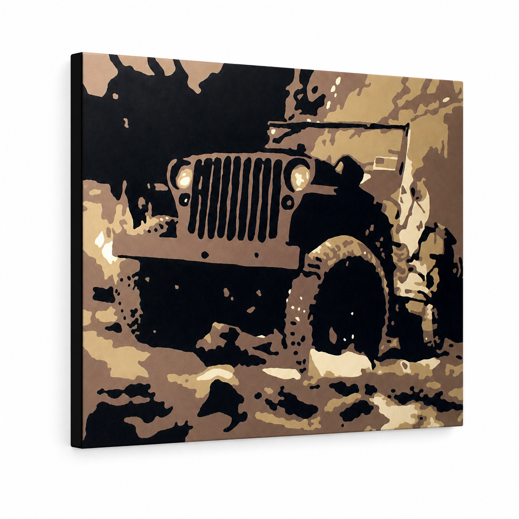 Χειροποίητη ζωγραφική POP Art JEEP 1 τεμάχιο jeep – Τρισδιάστατη απεικόνιση του χειροποίητα ζωγραφισμένου καμβά σε λευκό φόντο. Κυρίαρχα χρώματα: καφέ, μαύρο, μπεζ, χρυσό.