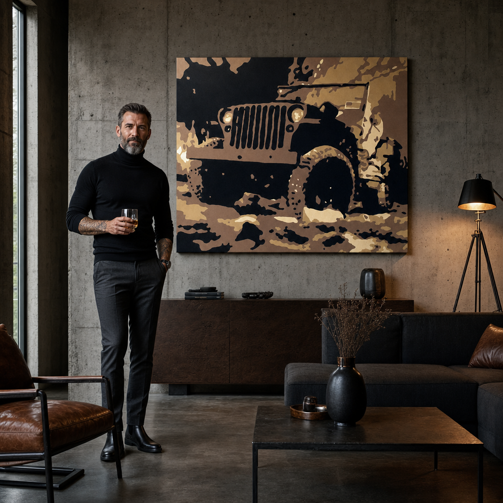 Χειροποίητη ζωγραφική POP Art JEEP 1 τεμάχιο jeep – πίνακας σε μοντέρνο αντρικό εσωτερικό, lifestyle απεικόνιση. Κυρίαρχα χρώματα: καφέ, μαύρο, μπεζ, χρυσό.