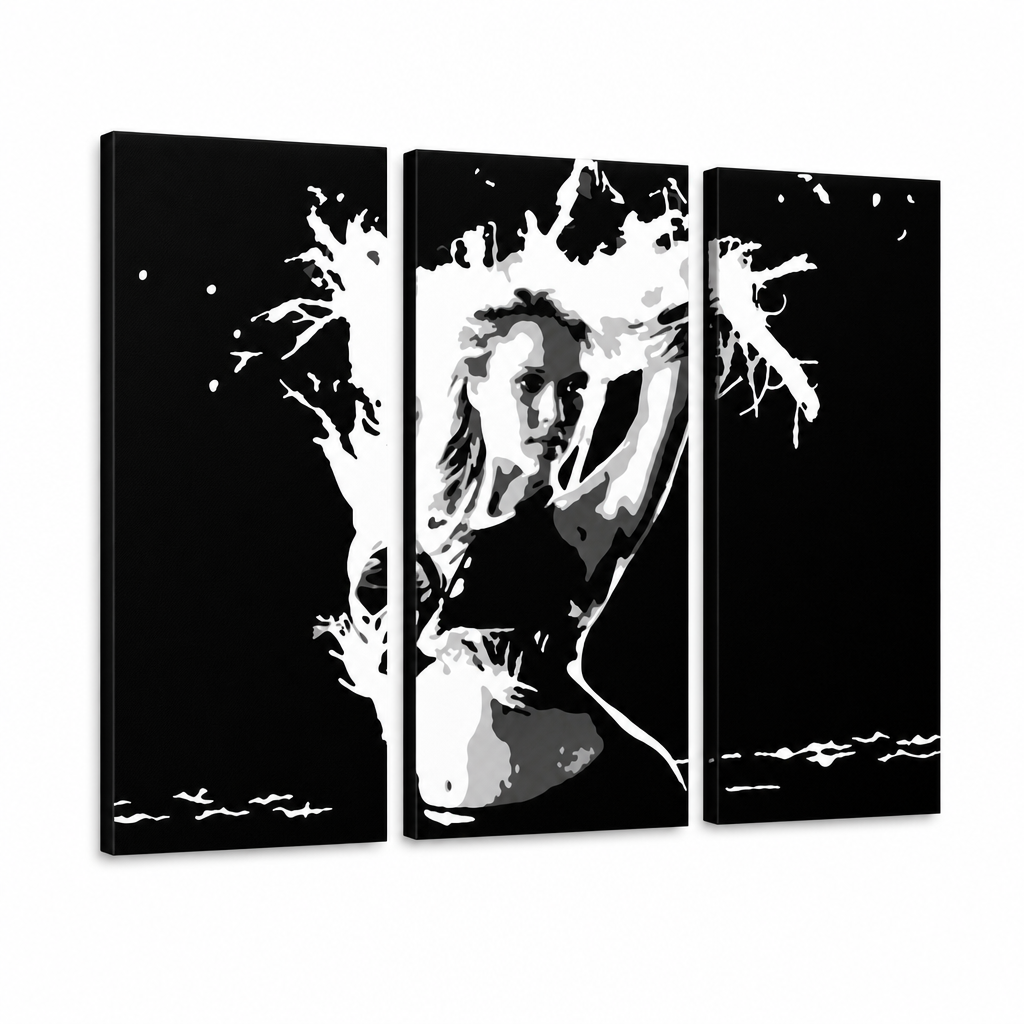 Χειροποίητη ζωγραφική POP Art Jessica Alba 3 κομμάτι αυτο – Τρισδιάστατη απεικόνιση του χειροποίητα ζωγραφισμένου καμβά σε λευκό φόντο. Κυρίαρχα χρώματα: μαύρο, λευκό.