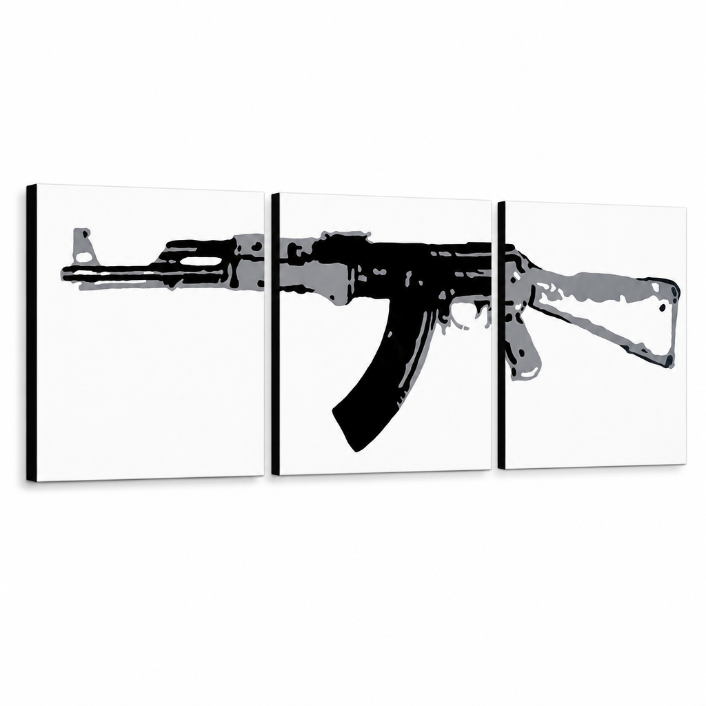 Χειροποίητη ζωγραφική POP Art Kalashnikov 3-part ka – Τρισδιάστατη απεικόνιση του χειροποίητα ζωγραφισμένου καμβά σε λευκό φόντο. Κυρίαρχα χρώματα: μαύρο, γκρι, λευκό.