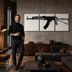 Χειροποίητη ζωγραφική POP Art Kalashnikov 3-part ka – πίνακας σε μοντέρνο αντρικό εσωτερικό, lifestyle απεικόνιση. Κυρίαρχα χρώματα: μαύρο, γκρι, λευκό.
