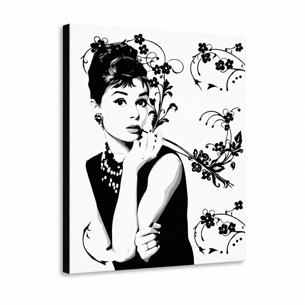 Χειροποίητη ζωγραφική POP Art Έκπτωση -15% Audrey Hepburn ah4 – Τρισδιάστατη απεικόνιση του χειροποίητα ζωγραφισμένου καμβά σε λευκό φόντο. Κυρίαρχα χρώματα: μαύρο, λευκό, γκρι.