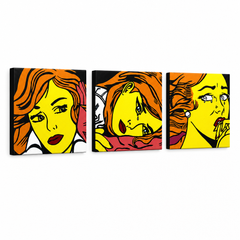Χειροποίητη ζωγραφική POP Art LICHTENSTEIN 3 κομμάτι li7 – Τρισδιάστατη απεικόνιση του χειροποίητα ζωγραφισμένου καμβά σε λευκό φόντο. Κυρίαρχα χρώματα: κίτρινο, μαύρο, πορτοκαλί.