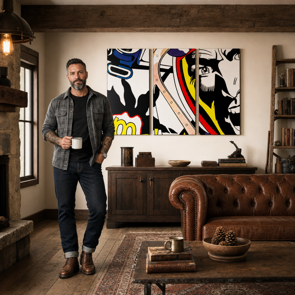 Χειροποίητη ζωγραφική POP Art LICHTENSTEIN 3 piece li – πίνακας σε μοντέρνο αντρικό εσωτερικό, lifestyle απεικόνιση. Κυρίαρχα χρώματα: μαύρο, κίτρινο, κόκκινο, μπλε, λευκό.