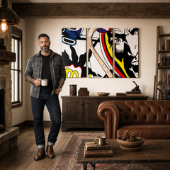 Χειροποίητη ζωγραφική POP Art LICHTENSTEIN 3 piece li – πίνακας σε μοντέρνο αντρικό εσωτερικό, lifestyle απεικόνιση. Κυρίαρχα χρώματα: μαύρο, κίτρινο, κόκκινο, μπλε, λευκό.