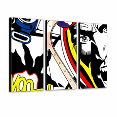 Χειροποίητη ζωγραφική POP Art LICHTENSTEIN 3 piece li – Τρισδιάστατη απεικόνιση του χειροποίητα ζωγραφισμένου καμβά σε λευκό φόντο. Κυρίαρχα χρώματα: μαύρο, κίτρινο, κόκκινο, μπλε, λευκό.