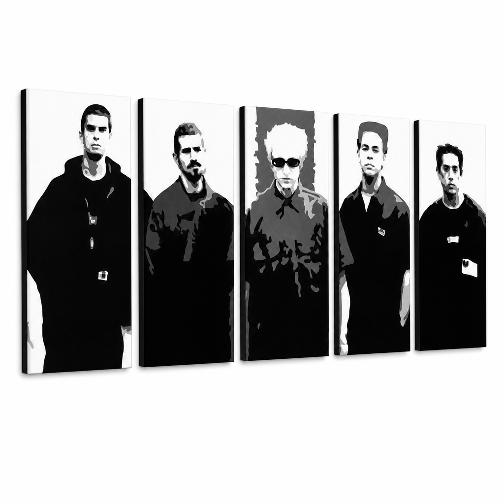 Χειροποίητη ζωγραφική POP Art LINKIN PARK 5 κομμάτι lp – Τρισδιάστατη απεικόνιση του χειροποίητα ζωγραφισμένου καμβά σε λευκό φόντο. Κυρίαρχα χρώματα: μαύρο, λευκό, γκρι.