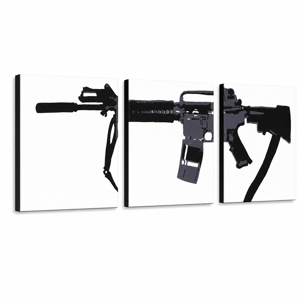 Χειροποίητη ζωγραφική POP Art M-16 3 μέρη m16a4 – Τρισδιάστατη απεικόνιση του χειροποίητα ζωγραφισμένου καμβά σε λευκό φόντο. Κυρίαρχα χρώματα: μαύρο, λευκό.