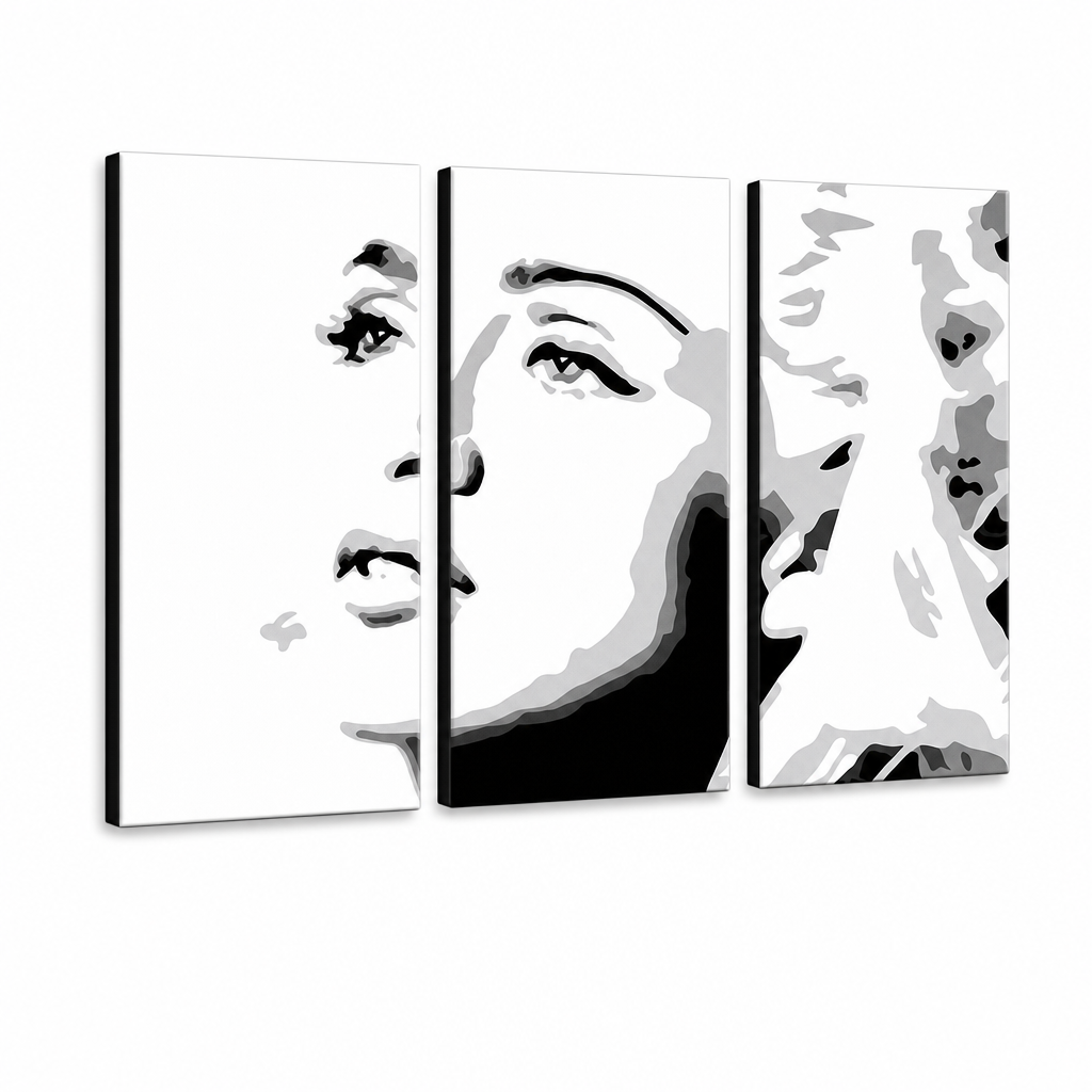 Χειροποίητη ζωγραφική POP Art Madonna 3 τεμαχίων ma4 – Τρισδιάστατη απεικόνιση του χειροποίητα ζωγραφισμένου καμβά σε λευκό φόντο. Κυρίαρχα χρώματα: μαύρο, λευκό, γκρι.