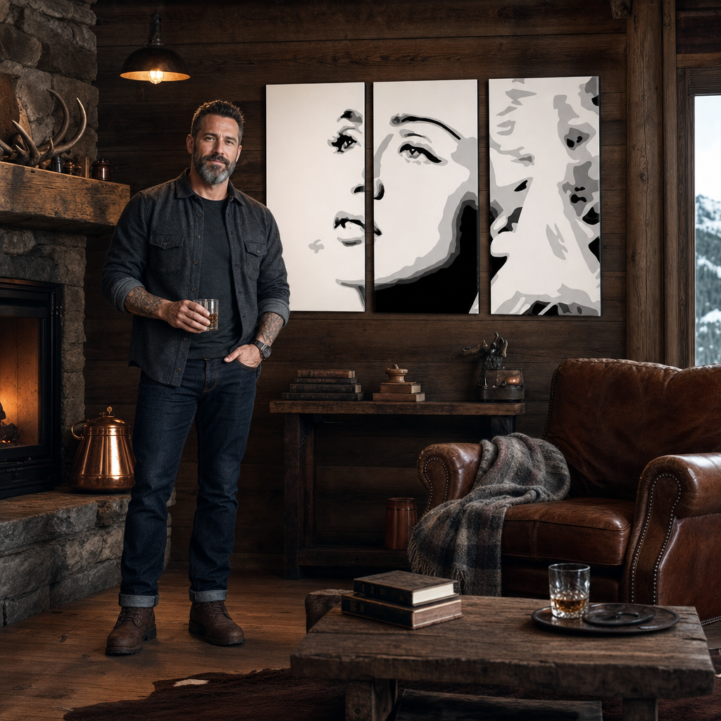 Χειροποίητη ζωγραφική POP Art Madonna 3 τεμαχίων ma4 – πίνακας σε μοντέρνο αντρικό εσωτερικό, lifestyle απεικόνιση. Κυρίαρχα χρώματα: μαύρο, λευκό, γκρι.