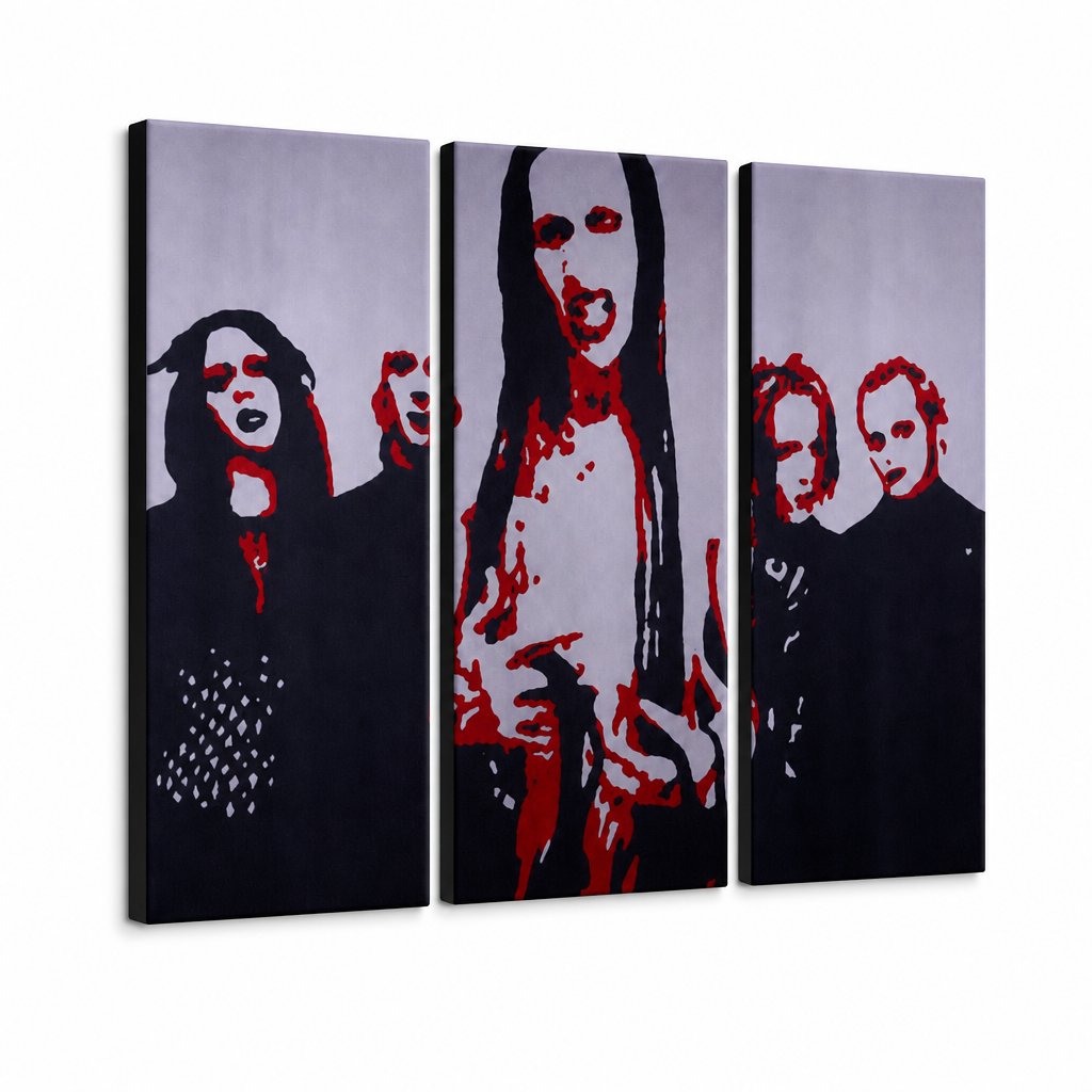 Χειροποίητη ζωγραφική POP Art Marilyn Manson 3 τεμάχια mm – Τρισδιάστατη απεικόνιση του χειροποίητα ζωγραφισμένου καμβά σε λευκό φόντο. Κυρίαρχα χρώματα: μαύρο, κόκκινο, λευκό.