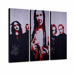 Χειροποίητη ζωγραφική POP Art Marilyn Manson 3 τεμάχια mm – Τρισδιάστατη απεικόνιση του χειροποίητα ζωγραφισμένου καμβά σε λευκό φόντο. Κυρίαρχα χρώματα: μαύρο, κόκκινο, λευκό.
