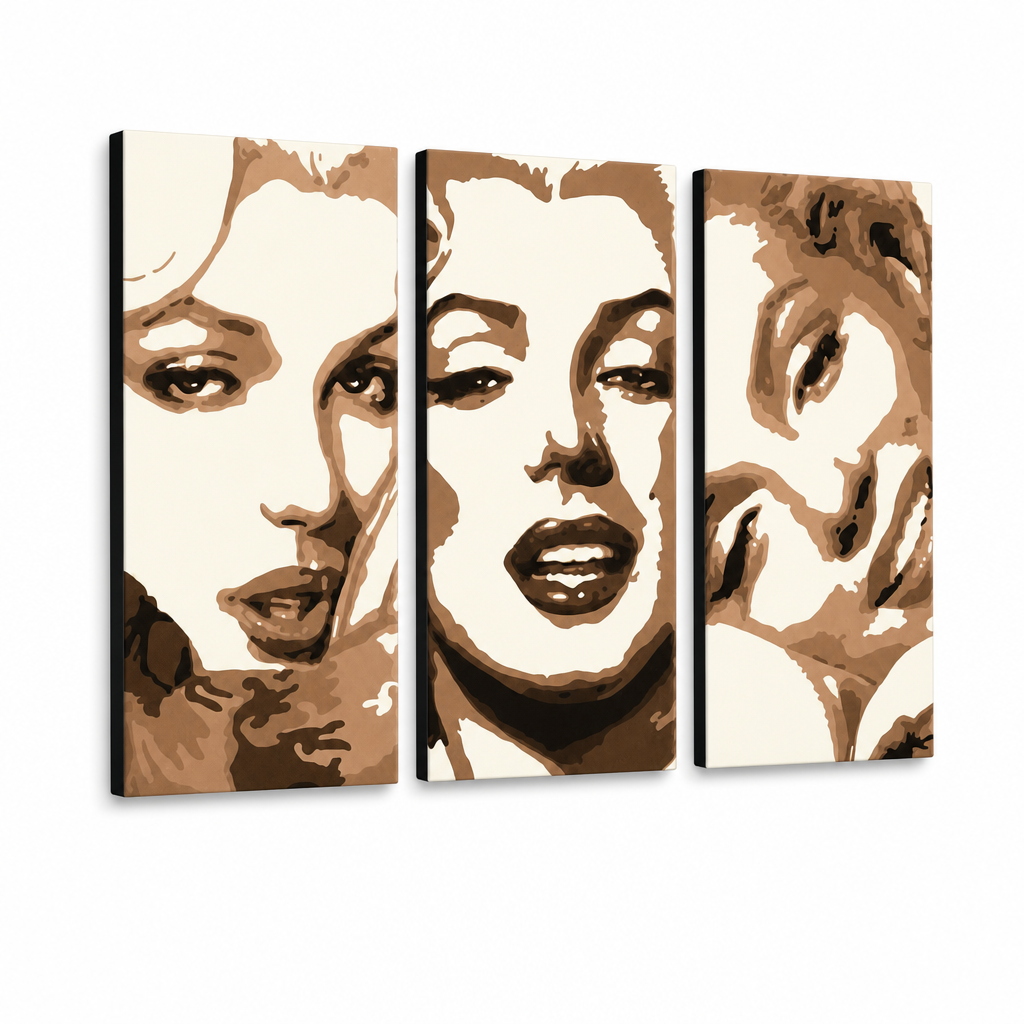 Χειροποίητη ζωγραφική POP Art Marilyn MONROE 3 κομμάτι mon1 – Τρισδιάστατη απεικόνιση του χειροποίητα ζωγραφισμένου καμβά σε λευκό φόντο. Κυρίαρχα χρώματα: μπεζ, καφέ, μαύρο.