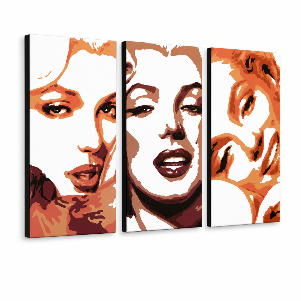 Χειροποίητη ζωγραφική POP Art Marilyn Monroe 3 τεμάχια mon2 – Τρισδιάστατη απεικόνιση του χειροποίητα ζωγραφισμένου καμβά σε λευκό φόντο. Κυρίαρχα χρώματα: πορτοκαλί, καφέ, λευκό.