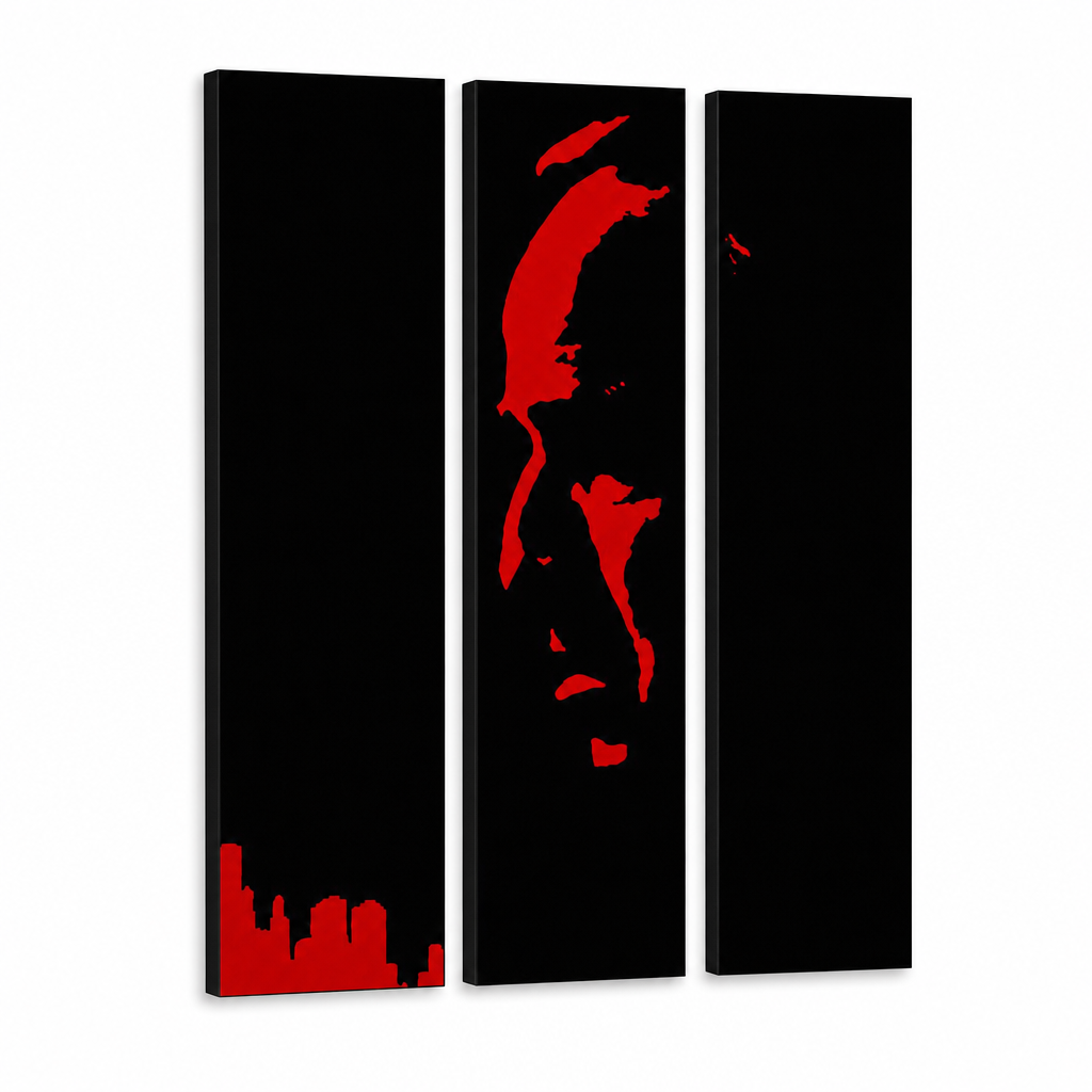 Χειροποίητη ζωγραφική POP Art Marlon Brando 3 κομμάτι gff – Τρισδιάστατη απεικόνιση του χειροποίητα ζωγραφισμένου καμβά σε λευκό φόντο. Κυρίαρχα χρώματα: μαύρο, κόκκινο.
