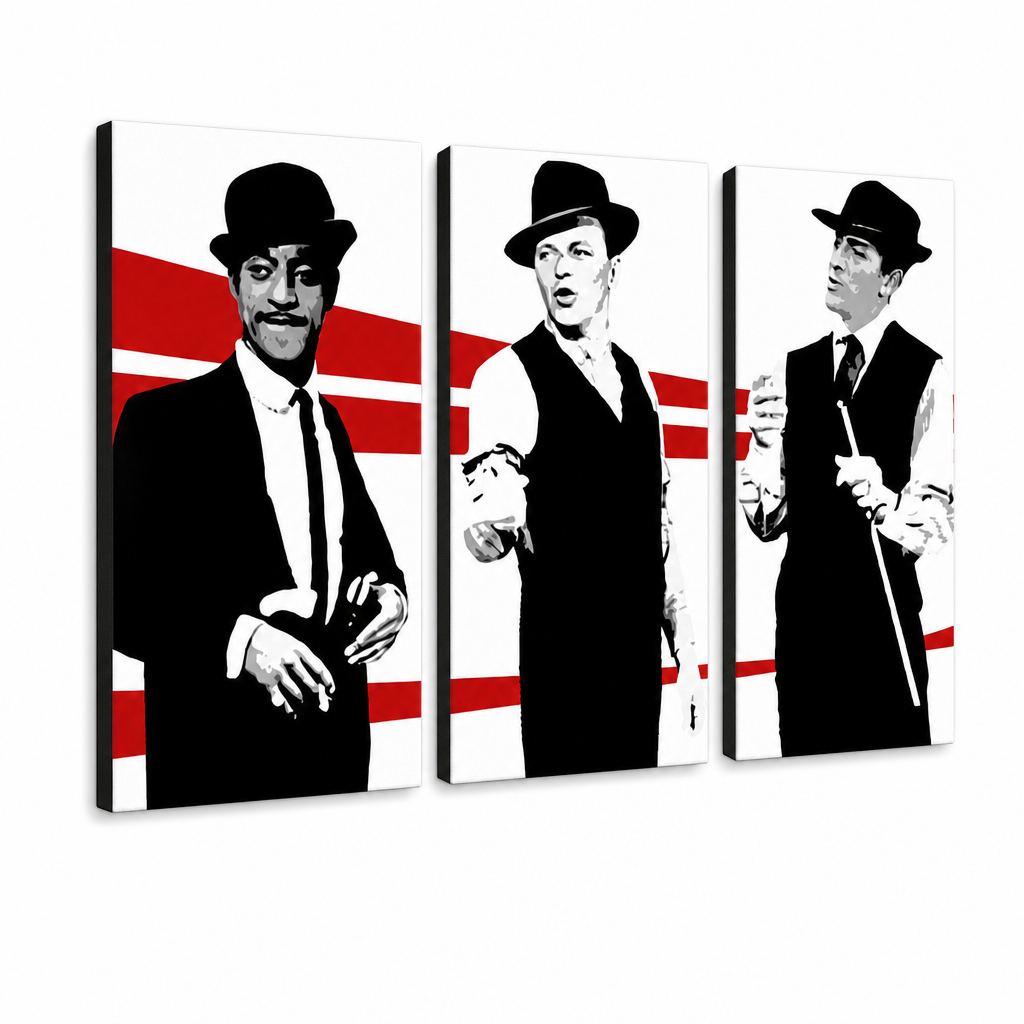 Χειροποίητη ζωγραφική POP Art Rat Pack 3 τεμαχίων rp – Τρισδιάστατη απεικόνιση του χειροποίητα ζωγραφισμένου καμβά σε λευκό φόντο. Κυρίαρχα χρώματα: μαύρο, λευκό, κόκκινο.